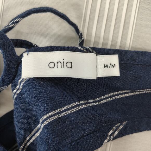 Onia Tank Top Womens Medium 100% Linen Navy Blue White Stripe Tie Open Back‎ - Picture 8 of 12